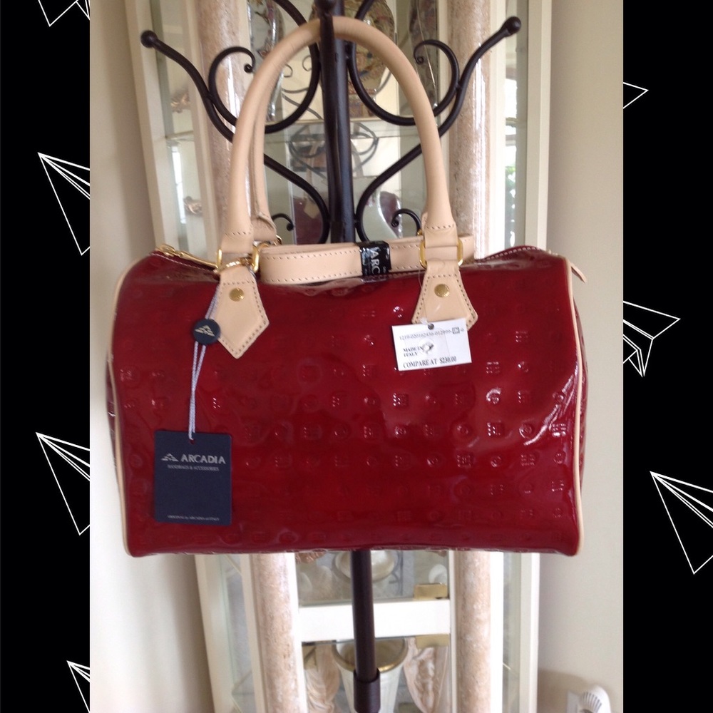 NWT ARCADIA RED PATENT LEATHER BOSTON HANDBAG